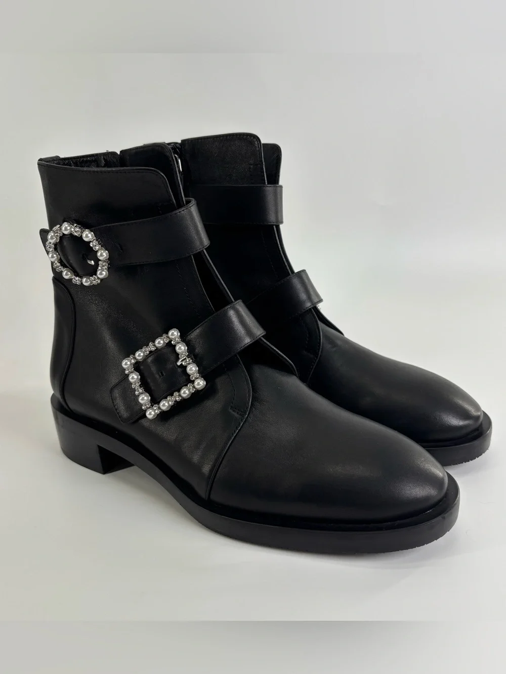 Stuart Weitzman Ryder boots 9 black Geo Buckle Pearl Crystal